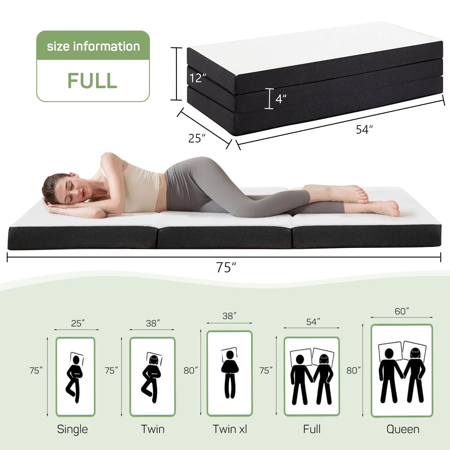 4 inch Foldable Memory Foam Mattress Full Size, CertiPUR-US Certified - Tri-Fold Design with Removable Cover