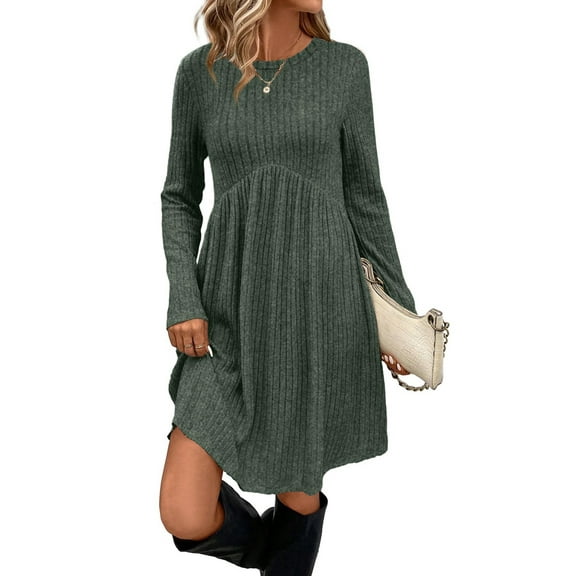 Long Sleeve Dress for Women Crew Neck Waist Tunic Dress with Pockets Green L