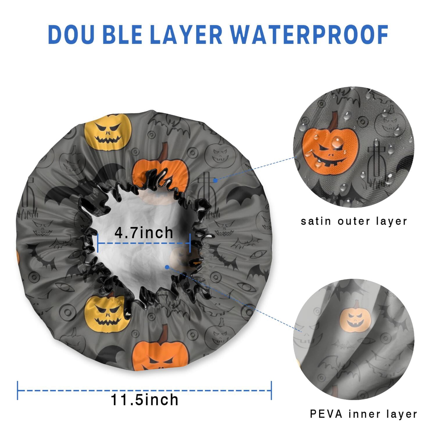 Shower Caps,Gray Halloween Pumpkins Bats and Faces Waterproof Shower Cap for Women 4 Pieces,Double Reusable Hair Cover for Shower PEVA Elastic Stretch Hem