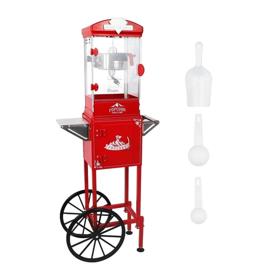 8oz Vintage Popcorn Machine with Cart, Red Popcorn Maker on Wheels.