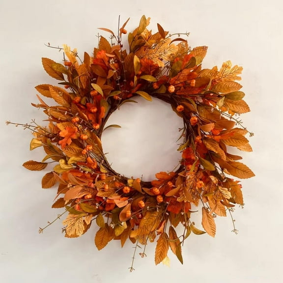 KOMI 20 Inch Fall Wreath Artificial Pumpkin Wreaths for Front Door Porch Autumn Door Wreath with Orange Eucalyptus Leaves Berries for Thanksgiving Day Harvest Festival Celebration