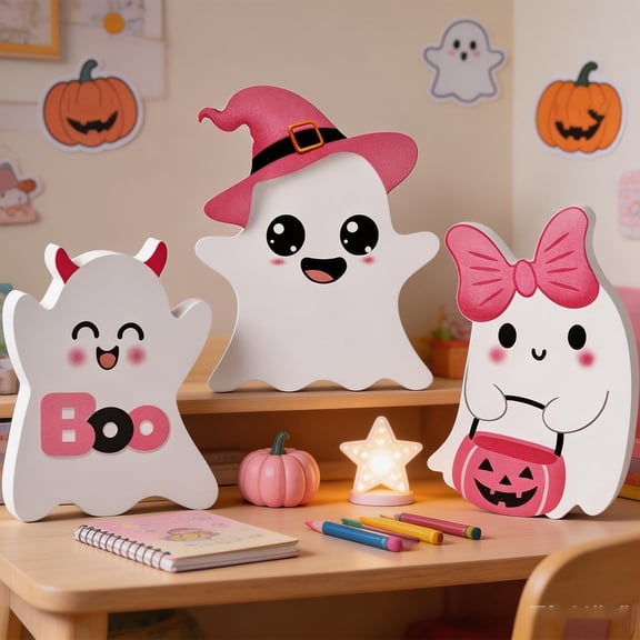 2026 Halloween Outdoor Decorations 2026 3-Piece Halloween Desktop Decoration Set Cute Ghost Halloween Decorations Halloween Indoor Ghost Wooden Sign Suitable For Home Office