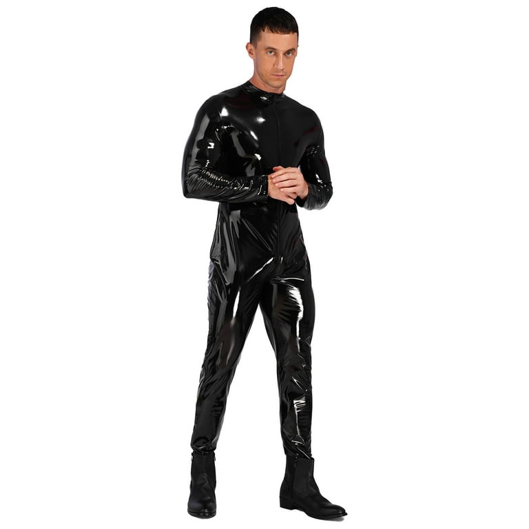 Mens Full Body Suit Patent Leather Hooded Jumpsuit Zipper Zentai Catsuit  Costume