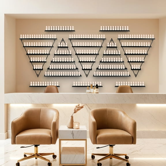 Wall Mounted Nail Polish Organizer Set of 10 - Triangular Cosmetic Shelves for Essential Oil Bottles, Lipstick & Perfume Display - Gold Decorative Rack for Home, Salon, Bathroom Storage