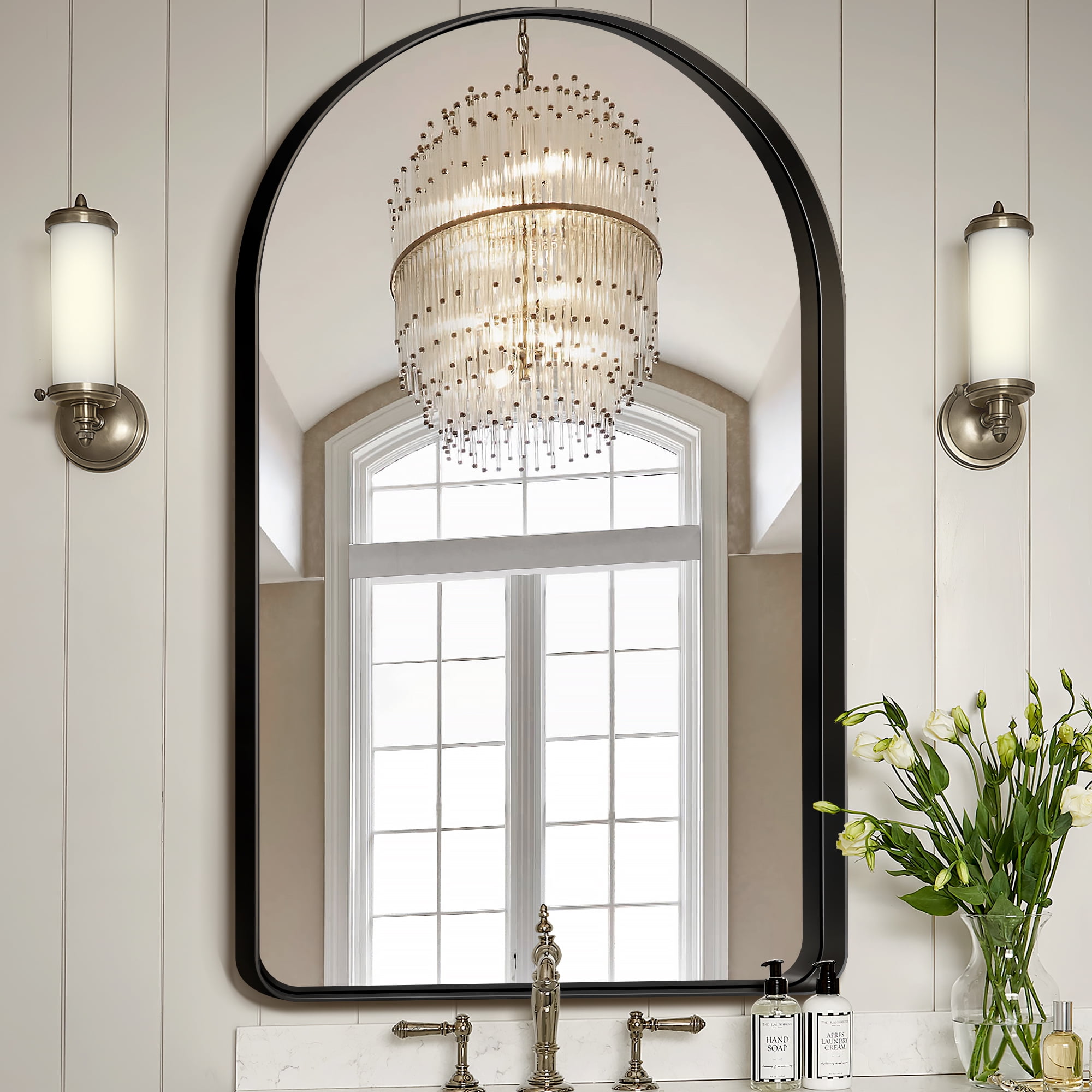 40"x29" Aluminum Alloy Wall Mount Rounded Corner Arched Mirror,Black
