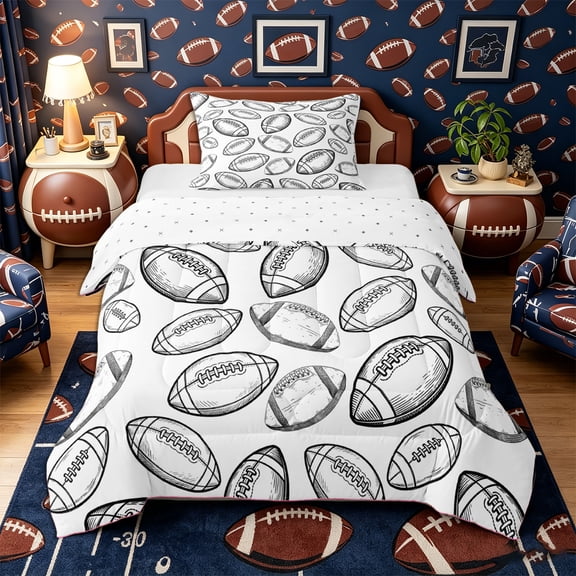 Castle Fairy Football Print Twin Comforter Sets 2pcs, Sport Theme Bedding Set, White Black,1 Comforter and 1 Pillowcase