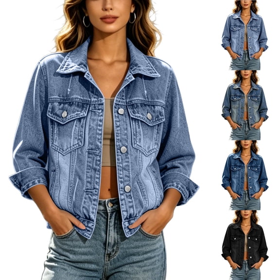 FRSASU Women's Stretch Denim Jacket Oversized Casual Long Sleeve Jean Jackets Cropped Western Jacket with Pockets Light Blue