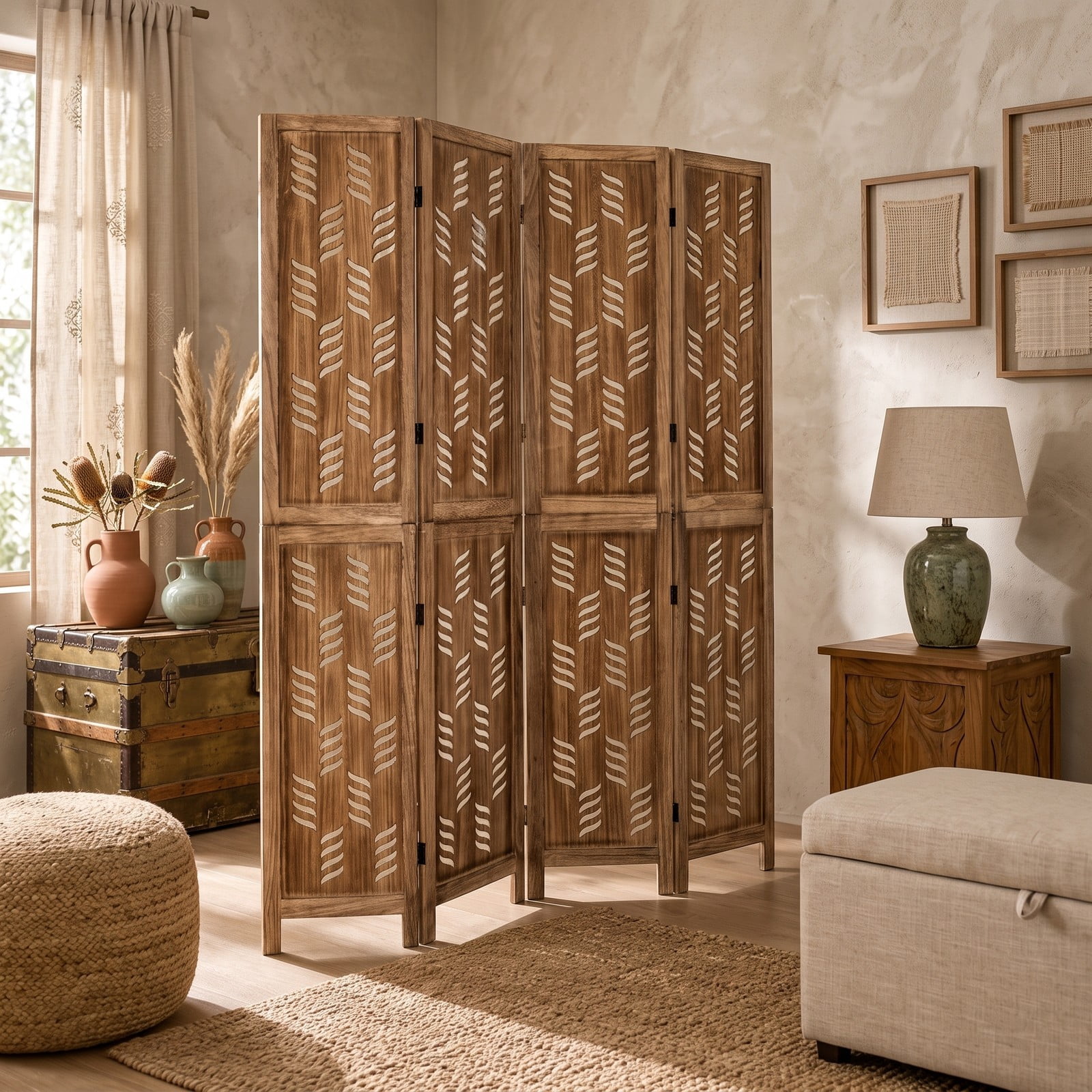 ALPULON 4-Panel Room Divider 5.5 FT Tall Folding Privacy Screen with Wave Cutout and Paulownia Wood Frame for Living Room Bedroom Office, Brown White