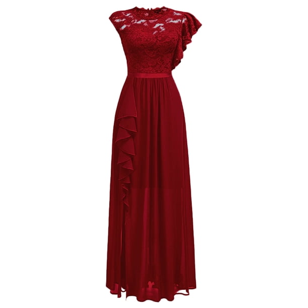 Vestido de noche para mujer, largo, elegante, de encaje, para cóctel, liso, largo, cuello redondo, manga media, vestido de novia con cremallera, vestido de novia, vestido de dama de honor