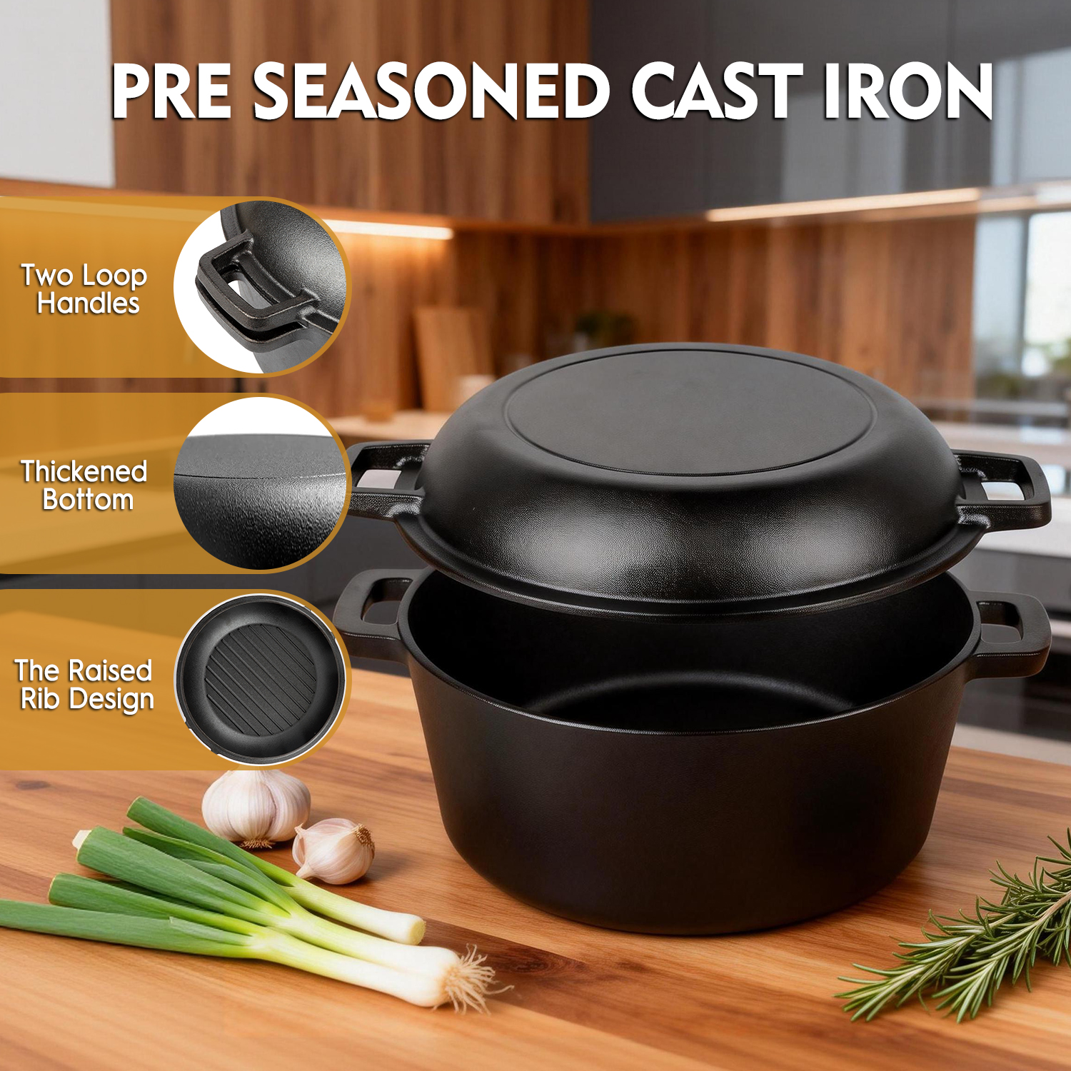 TAIMASI 5-Qt Cast Iron Dutch Oven with Reversible Skillet Lid photo 7