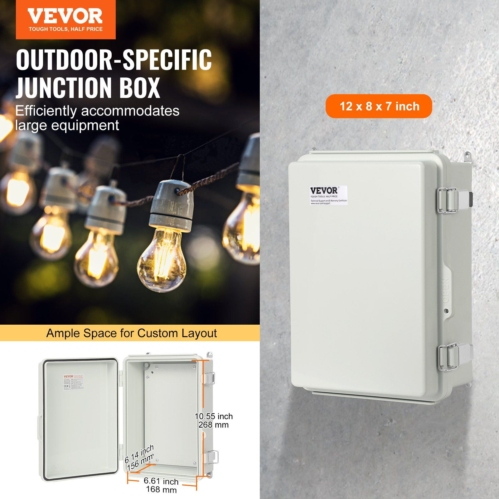 Outdoor Electrical Junction Box, 11.81 x 7.87 x 7.08 in, ABS Plastic Electrical Enclosure Box with Hinged Cover Stainless Steel Latch, IP67 Dustproof Waterproof for Outdoor Electrical Projects