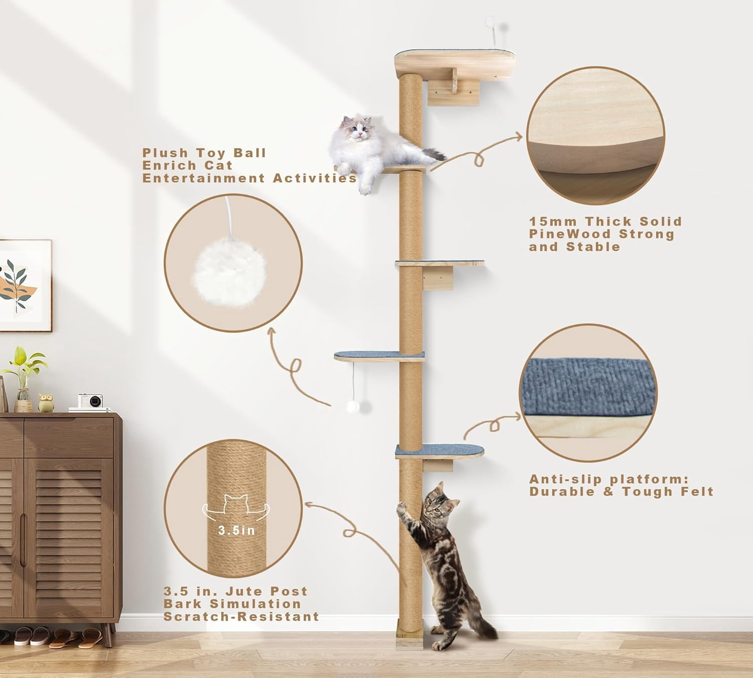 Peluomoz Gray Adjustable Floor to Ceiling Cat Tree with 5 Felt Platforms, Natural Pine Wood, 83 in