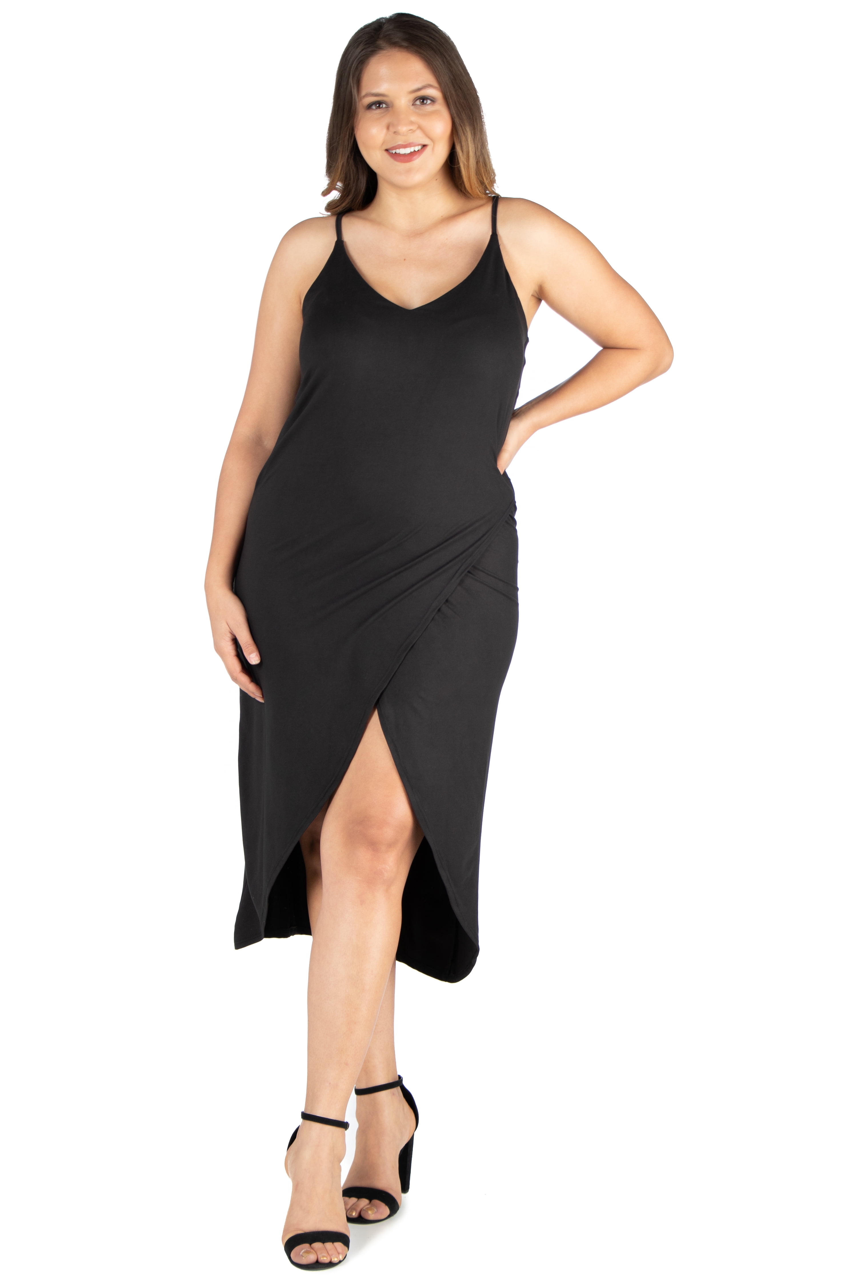 Womens Plus Size Adjustable Spaghetti Straps Stretch Slip Midi A-line Dress