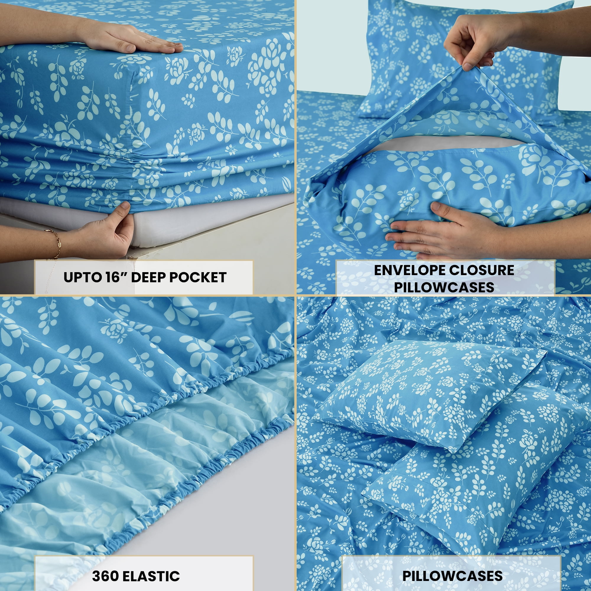 Lux Decor Twin Microfiber Bed Sheets - 3 Piece Floral Sheet Set, Soft Breathable Bedding, Wrinlkle Resistant, OEKO-TEX Certified, Blue