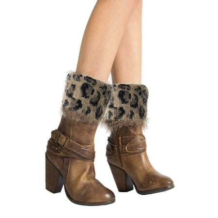 

Campsis Leopard Printed Short Boot Cuffs Socks Khaki Fuffy Boot Cover Toppers Knitted Leg Warmers for Women and Girls