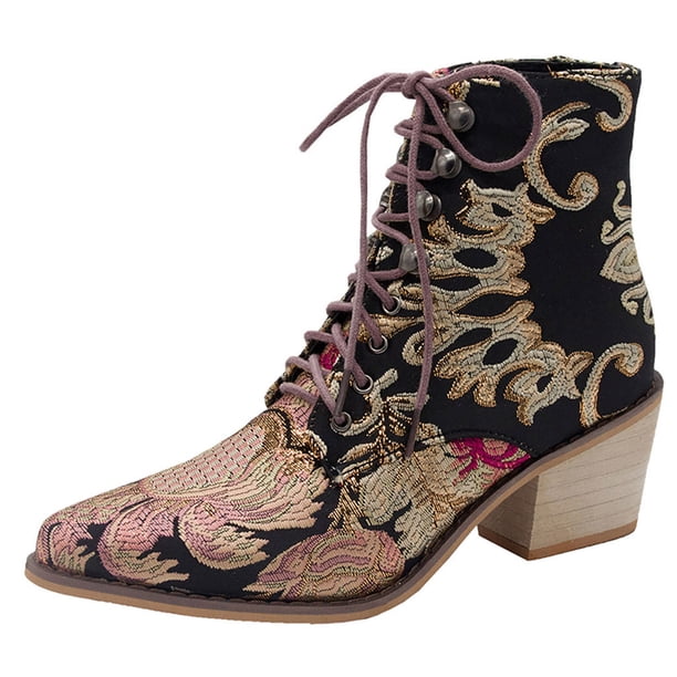 NECHOLOGY Botas Mujer Adulto Femenino Zapatos Botines de mujer Botas bordadas Zapatos Tacón en punta Botas de punta retro Mujer Botas de gamuza con cordones para mujer (Black, 5.5)