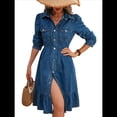 thumbnail image 3 of Vestido Vaquero Fluido para Mujer, con Solapa, Mangas Largas Abullonadas, Botones, Corte A, con Volantes Azul L, 3 of 7