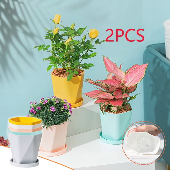 2 Pcs Plastic Planters Indoor Flower Plant Pots, Nordic Thickened Small Flower Pot,Plant Pots with Multi Drainage Holes and Pallet, Modern Decorative Gardening Containers for Plants,Flowers,Colorful