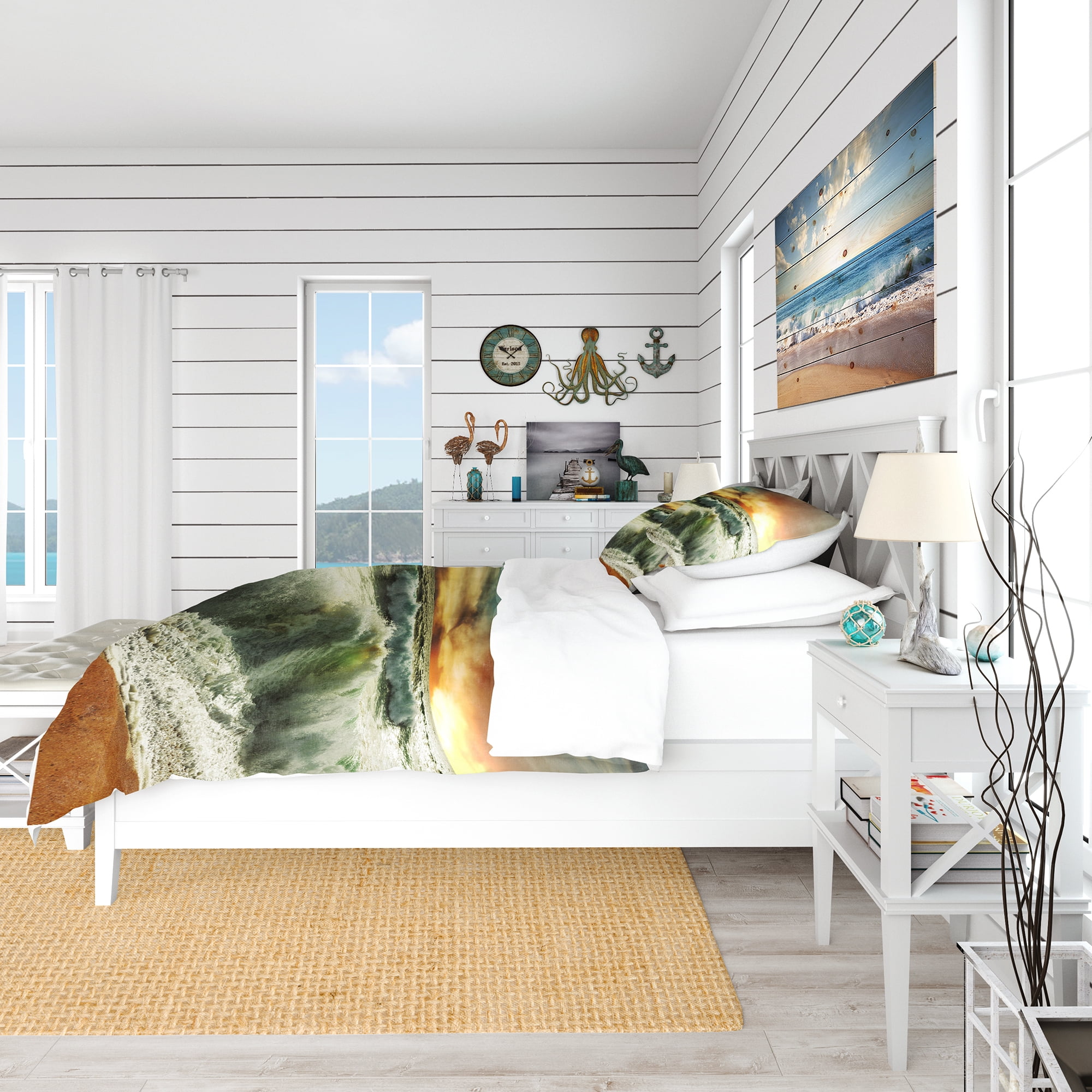 Designart 'Rushing Waves in Evening Beach' Coastal Duvet Cover Set