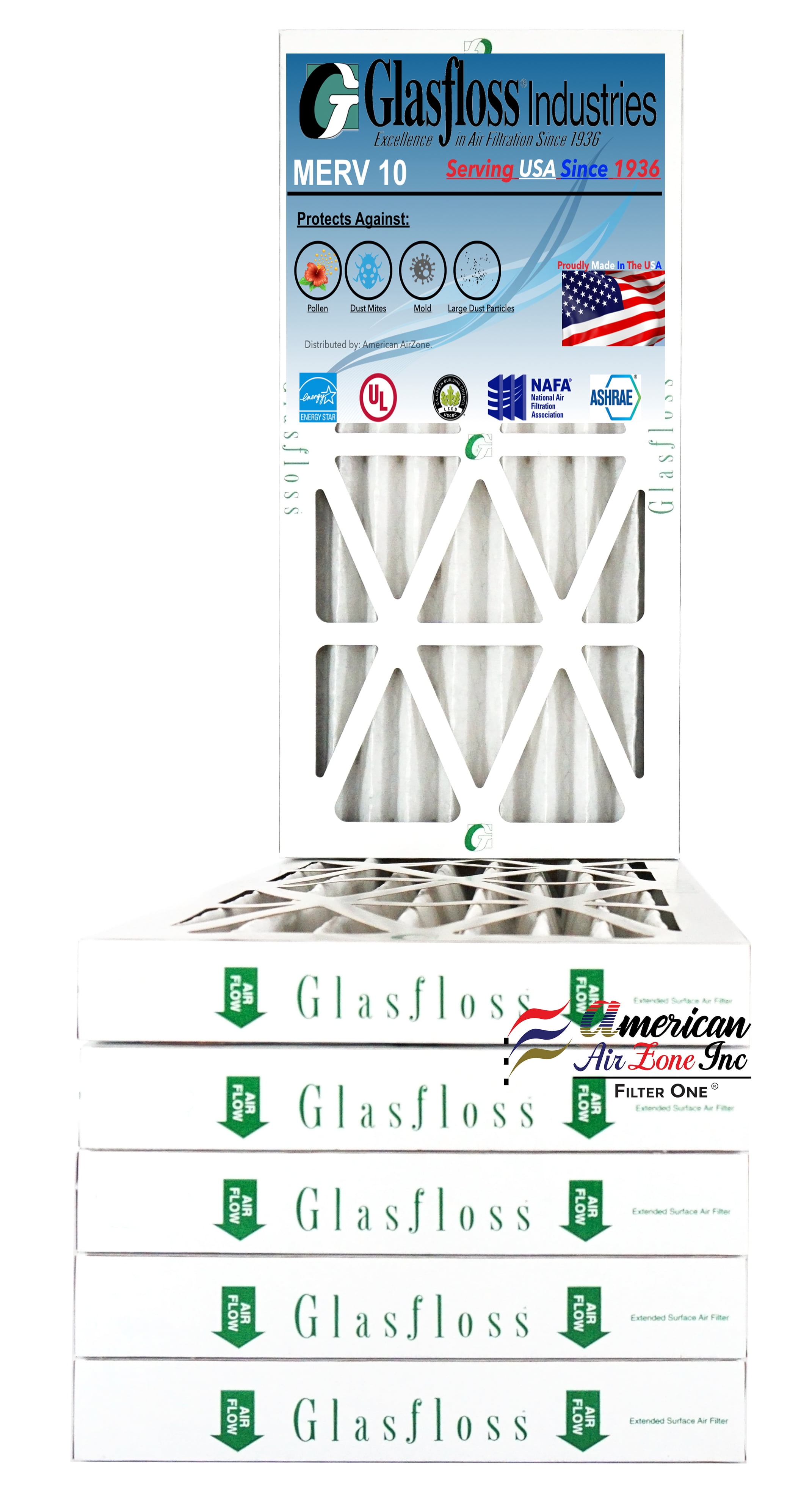 Glasfloss Air Filter 12x25x2 2" MERV 10 (Pack of 6) Pleated AC or