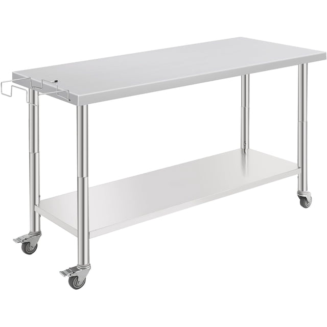 Table de Travail Roulante en Acier Inoxydable NSF 60x24 Po avec Roues, Crochets et Tablette Inférieure Ajustable, Table de Préparation Robuste pour Cuisine, Bar, Restaurant, Maison