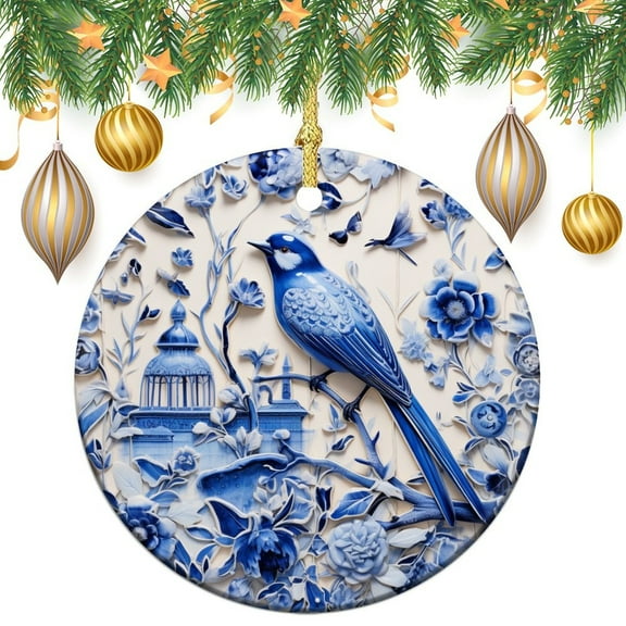 Christmas Ceramic Ornament Elegant Vintage Farmhouse Two Sides Printed Christmas Ornaments Blue And White Tile With Birds And Small Flower for Christmas Tree Decoration Xmas Party Decorations