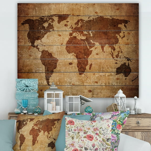 Designart 'Ancient World Map XI' Vintage Print on Natural Pine Wood