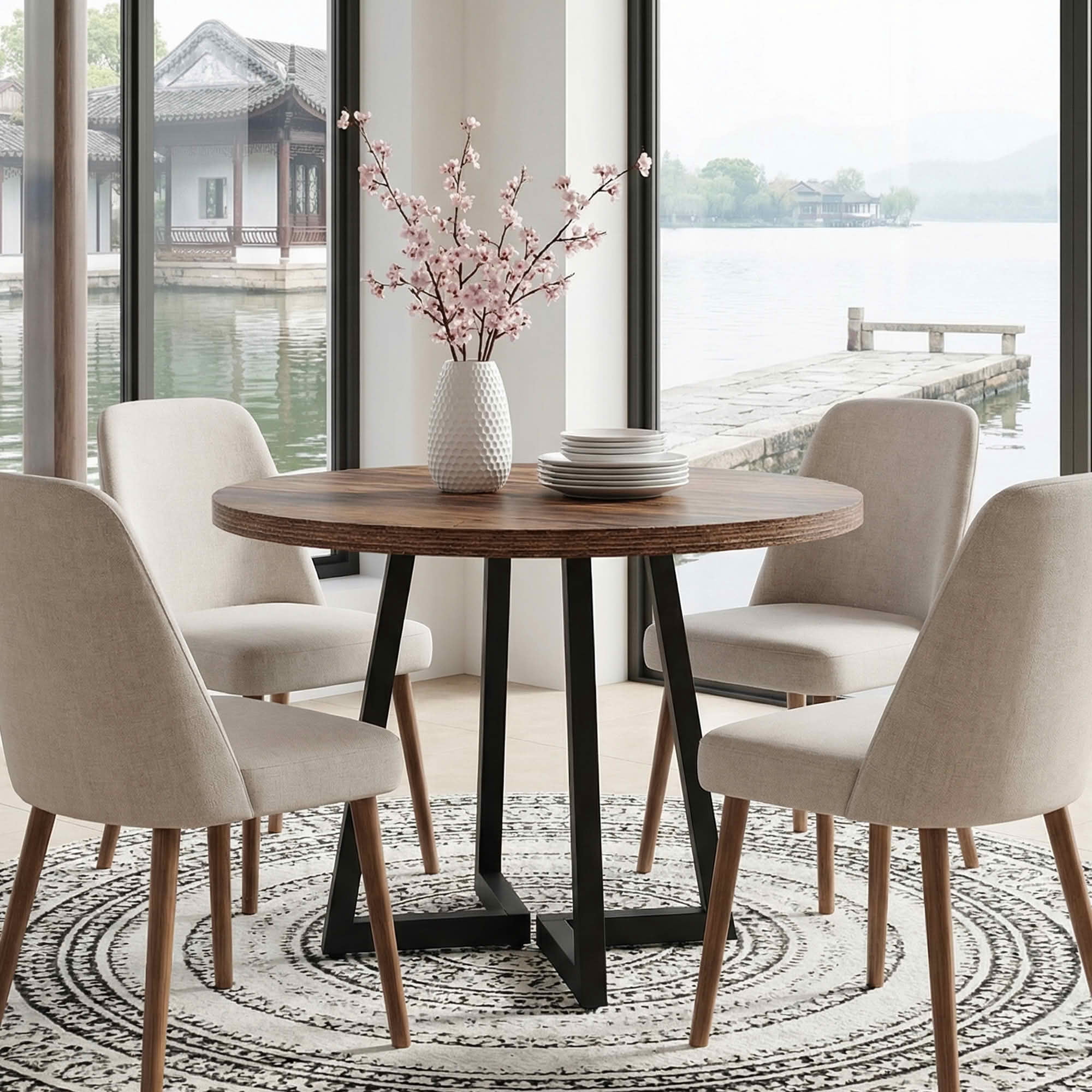 MAYEERTY 31.5 Inch Round Industrial Dining Table, Vintage Brown Wood Kitchen Dinner Table with Black Metal Base for 2 People