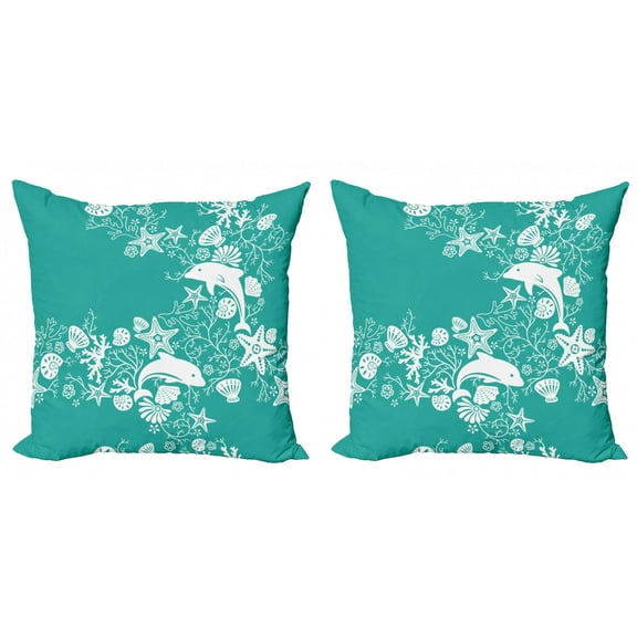 Ambesonne Fish Throw Pillow Cover 2 Pack, Dolphins and Flowers, 16", Sea Green White