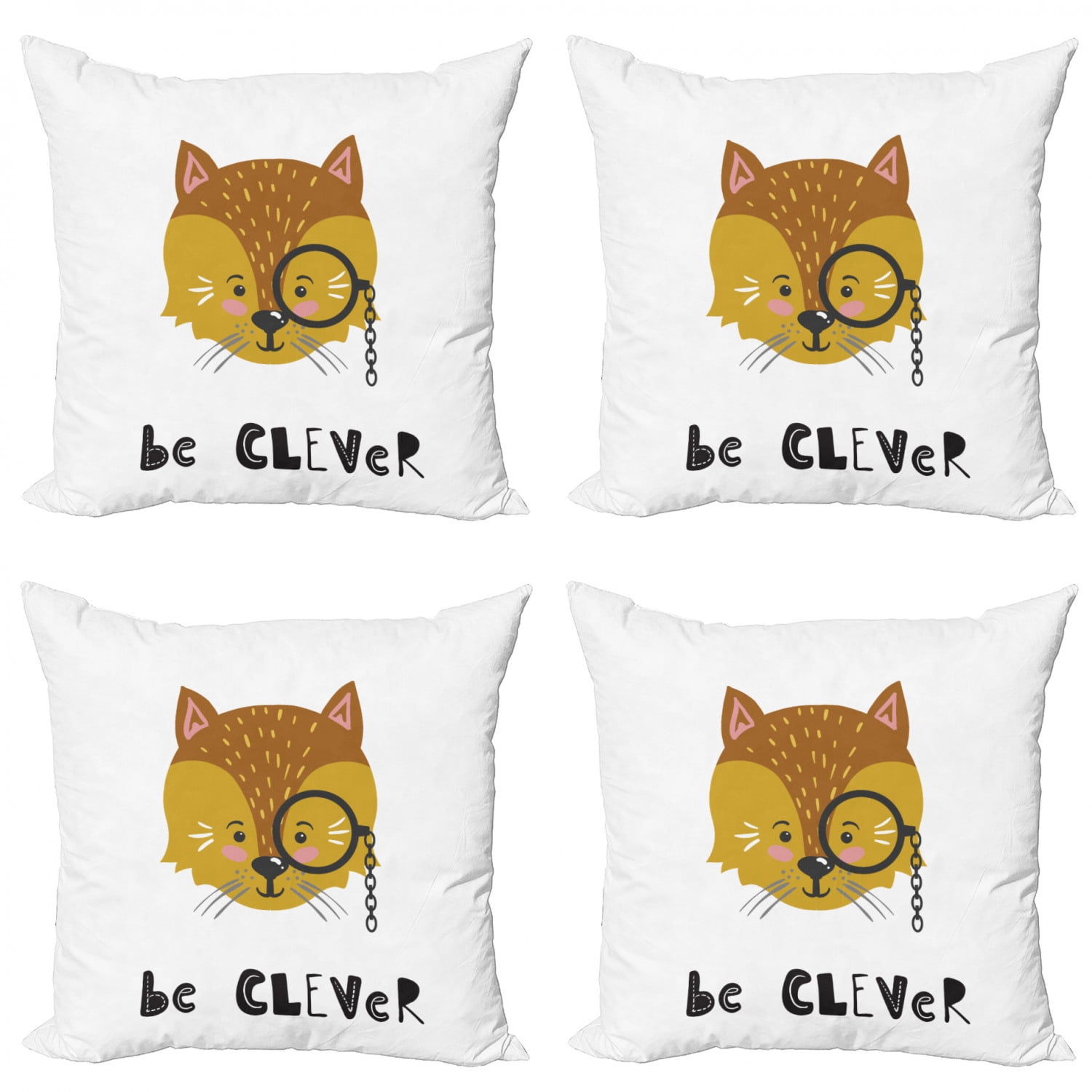 Fox Throw Pillow Cushion Case Pack of 4, Funny Nursery Animal Character  with Be Clever Wording, Modern Accent Double-Sided Print, 4 Sizes, Ginger  Dark Yellow, by Ambesonne 