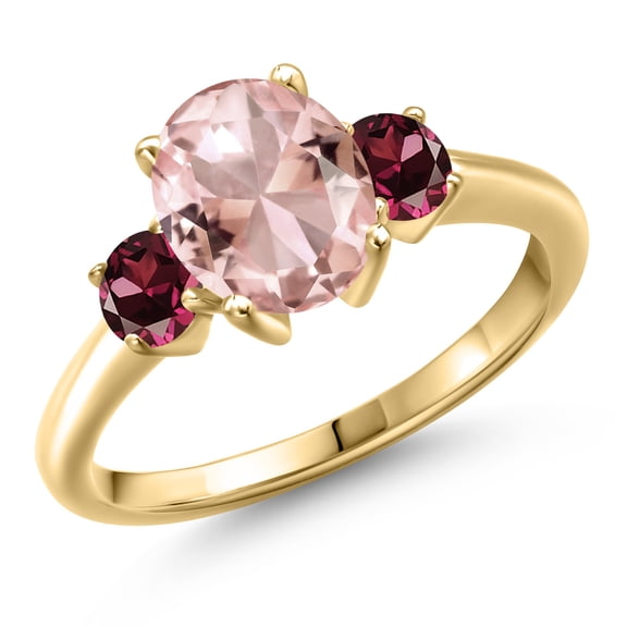 Gem Stone King 10K Yellow Gold Peach Nano Morganite and Red Rhodolite Garnet Engagement Ring for Women | 2.74 Cttw | Oval 9X7MM | Gemstone October Birthstone | Size 7
