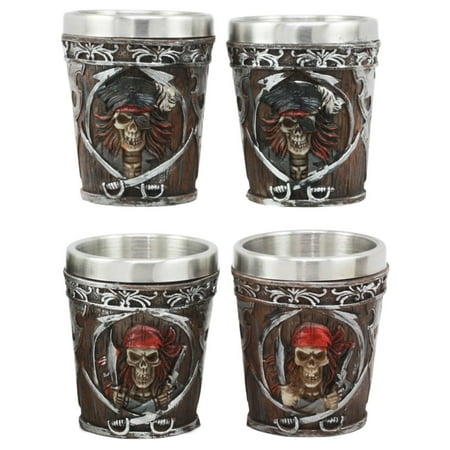 Ebros Myths Legends And Fantasy Spirit Themed 2-Ounce Shot Glasses Set Of 4 Resin Housing With Stainless Steel Liners Great Souvenir And Party Hosting Idea (Pirate Captain And Buccaneer Skeletons)