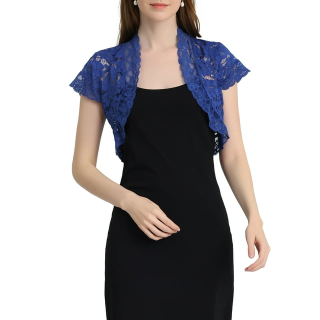 Cárdigan de encaje para mujer INSPIRE CHIC, elegante, de manga corta, con frente abierto, floral, bolero recortado, top de encaje XL azul oscuro