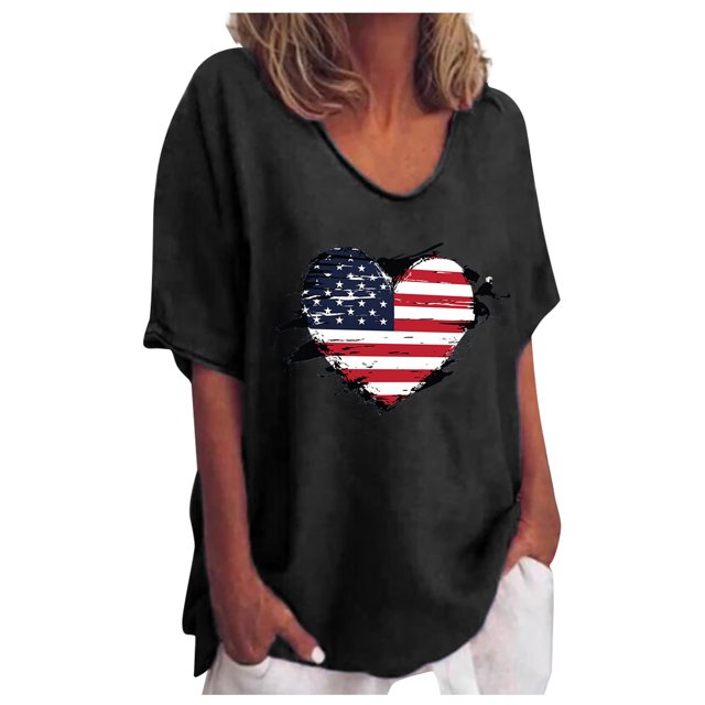 Jgppe T-Shirts Imprimés pour Femmes en Coton et Lin Col Rond Manches Courtes Amples Évacuant l'Humidité Été 4 Juillet
