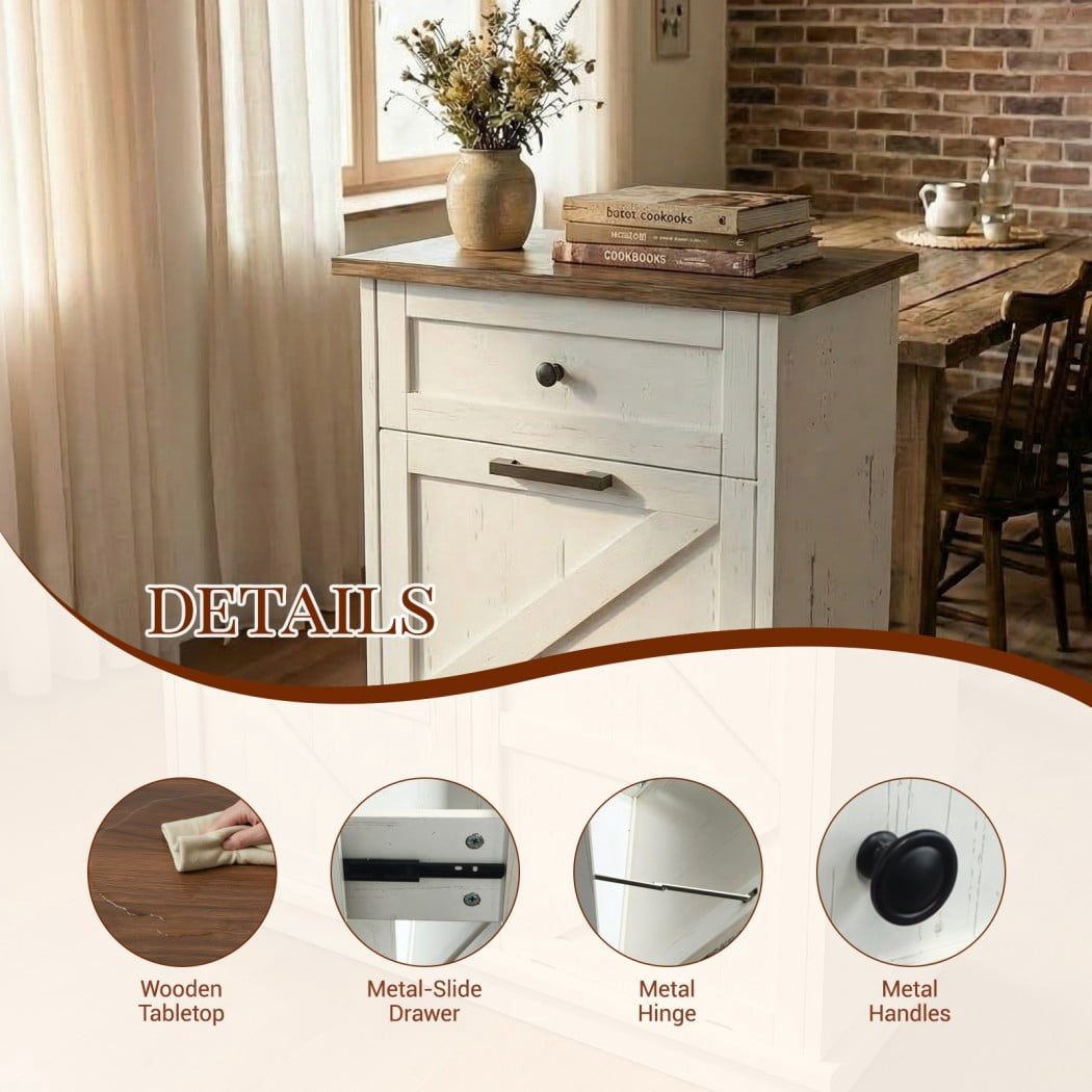 Tilt Out Trash Can Cabinet, 10 Gallon Garbage Can Storage Cabinet with Drawer, Freestanding Kitchen Recycling Cabinet for Laundry Room Living Room, Brown+White