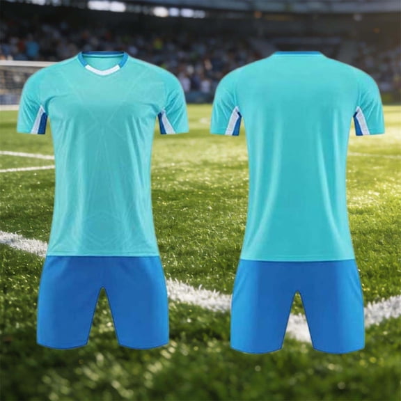 Amidoa Boys Summer Athletic 2 Piece Outfits Performance CrewNeck Short Sleeve and Elastic Waist Active Casual Short Kids Clothing Set Light Blue Size 2XS