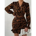 thumbnail image 3 of Women'S Neon Dress V-Neck Long Leopard Print Sleeve Wrinkles Bodycon Midi Club Dress Brown M, 3 of 5