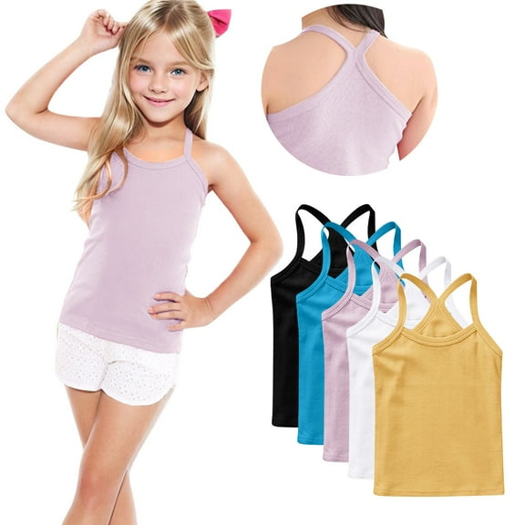 FamilyThread 5 Pack Girls Tank Tops Solid Sleeveless Undershirts Scoop Neck Undershirts Soft Tops For 1-13Y