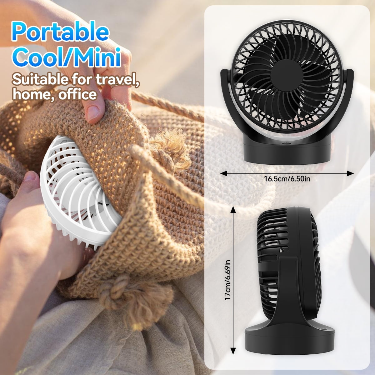 JOLTIX 7" Table Fan,3100mAh,Silent, Super Wind Power and Battery Life, Desktop Mini Fan,Black