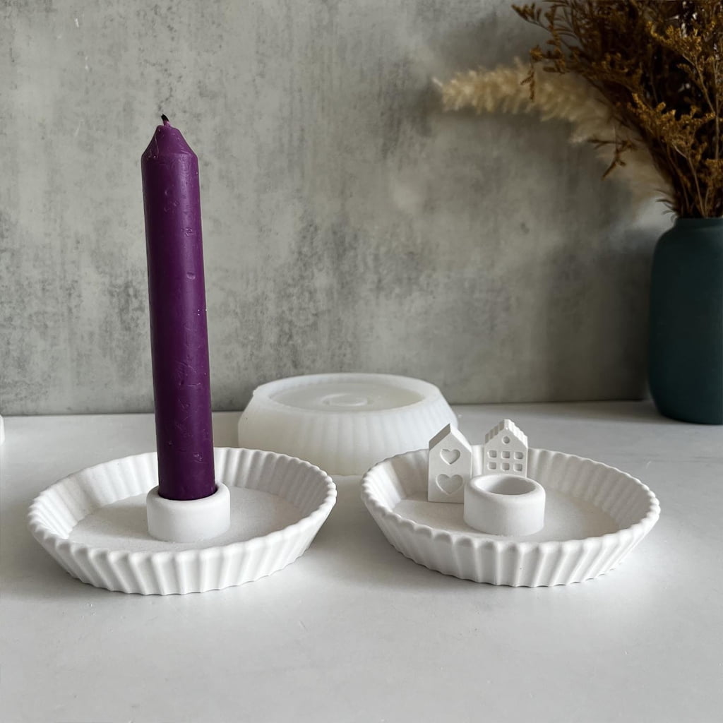 Aurgiarme Candlestick Mold Silicone Candle Holder Mould Striped Plate Shaped Candle Stand Moulds Gypsum Home Ornaments Mould