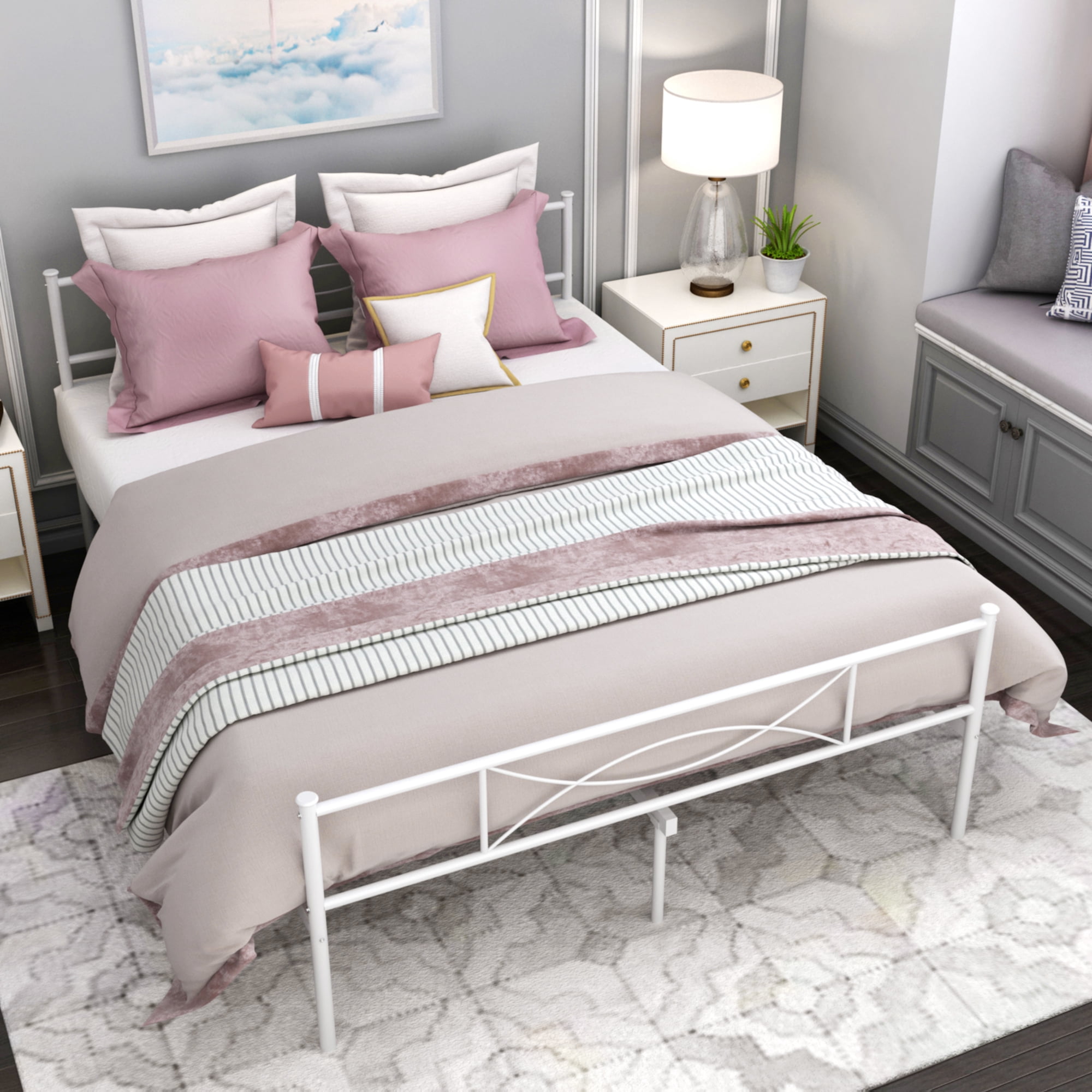 Yoneston Queen Size Metal Bed Frame Bedroom Platform Bed Frame with Headboard, White