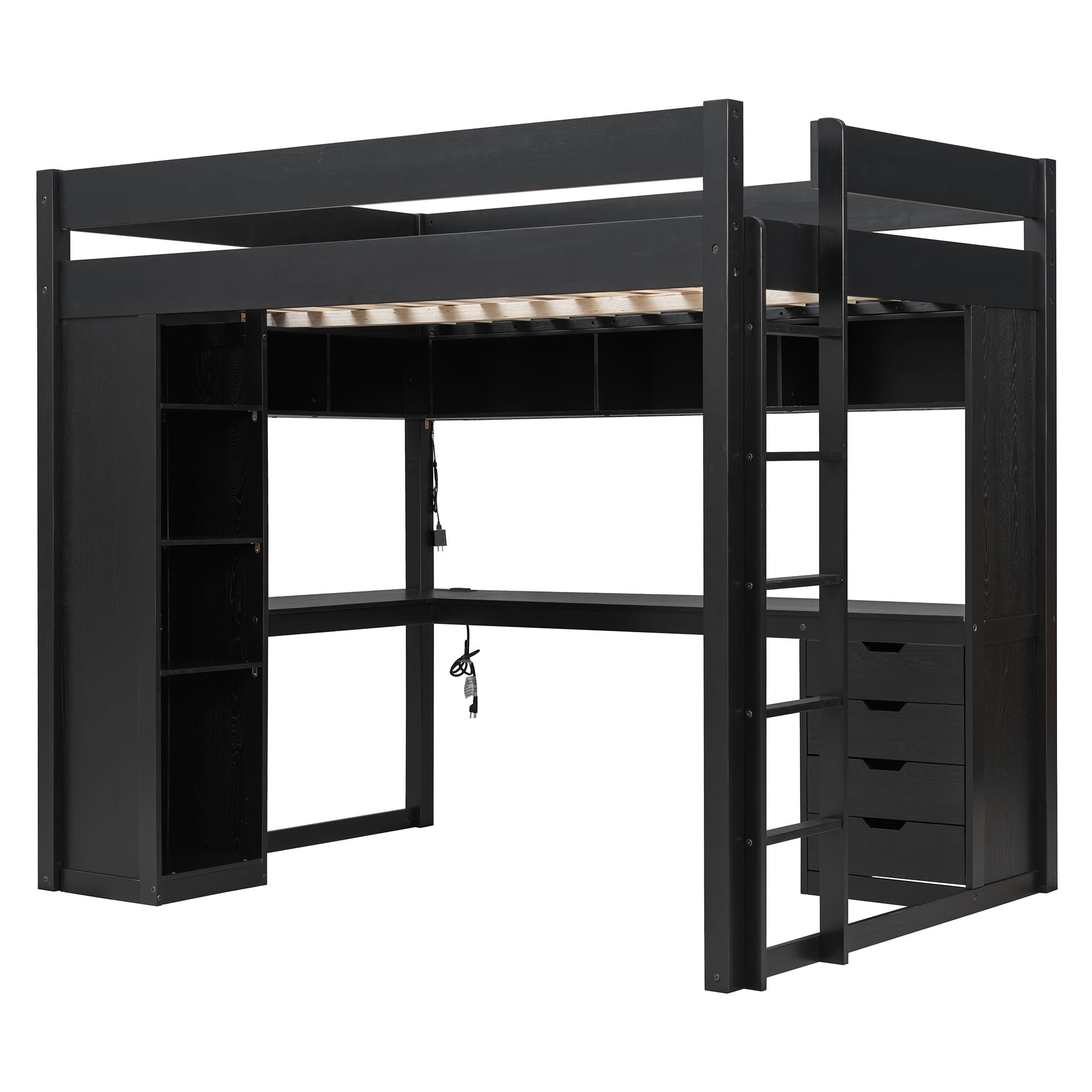 Mintazer Full Loft Bed with L-Shaped Desk & Smart LED Lights and Charge Station, Modern Loft Bed with 4 Storage Drawers & Shelves, Black