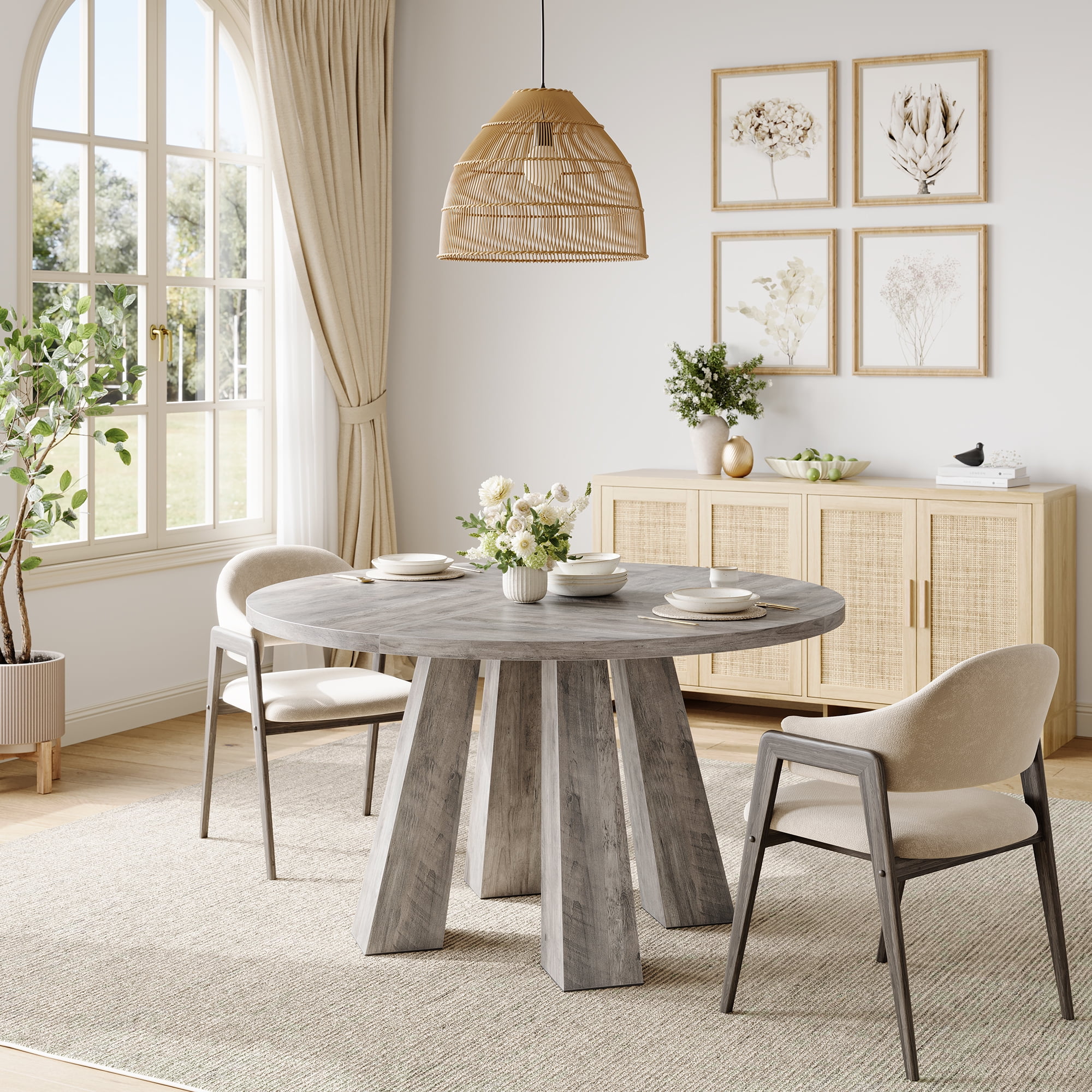 M optimized 47" Round Dining Table for 4-6, Wood Kitchen Table with 4 Strong Legs, Farmhouse Circle Dinner Table for Dining Room, Living Room