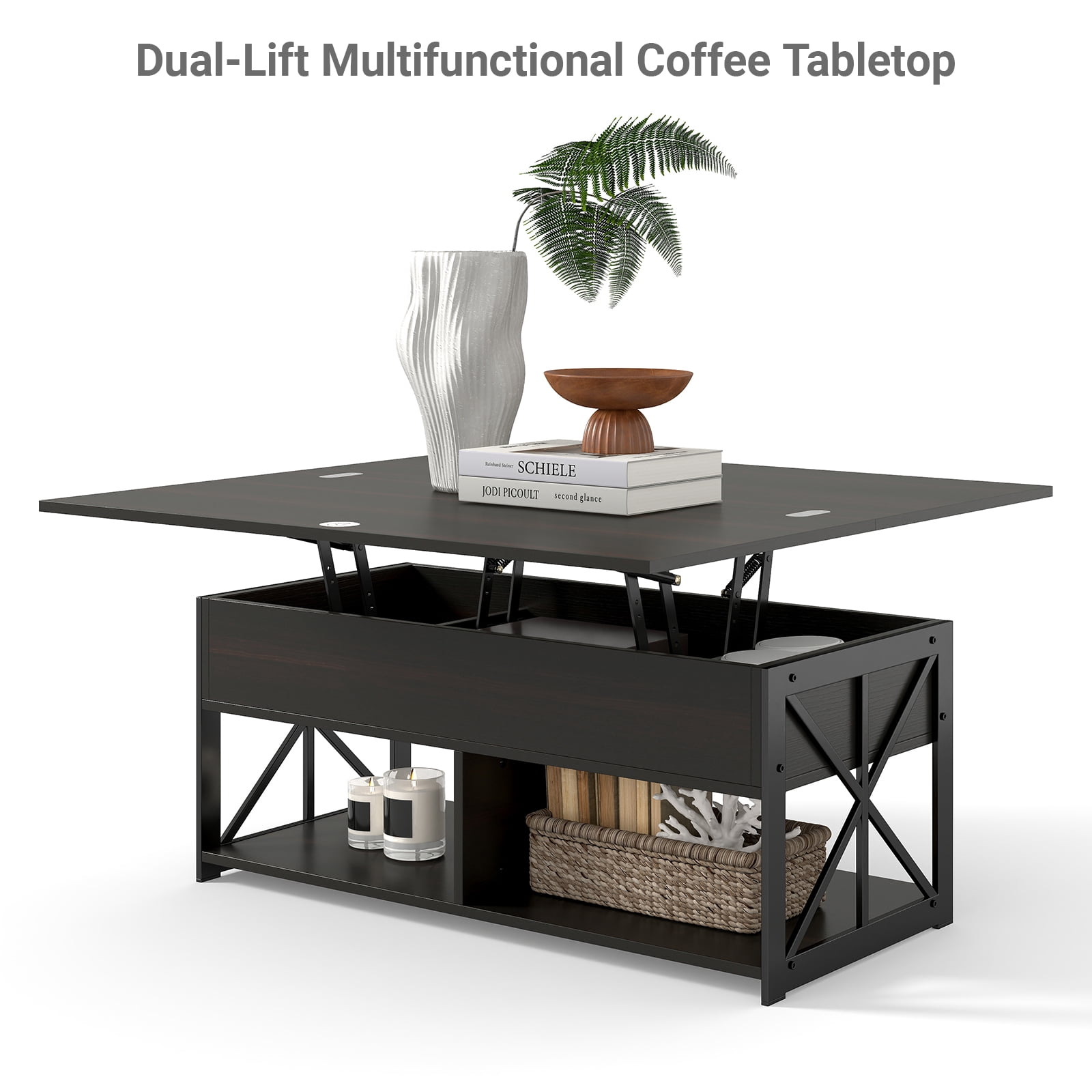 Manora Wood Lift Top Coffee Table with Storage, Rectangle Coffee Table with Hidden Compartments for Living Room