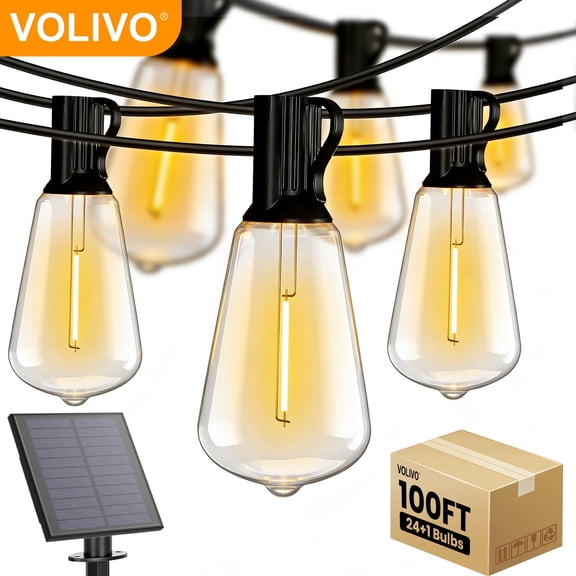 VOLIVO Solar Outdoor String Lights 100FT, Shatterproof Patio Lights with 24 ST38 Vintage Edison Bulbs, Solar Hanging Lights, for Porch, Deck, Garden, Backyard