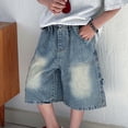thumbnail image 2 of Huanglei Boys Summer Casual Knee Length Shorts Loose Fit Breathable Blend Elastic Waist Activewear For Outdoor Play ，Boys Short Denim Pants /Size 13-14 Years(Blue), 2 of 4