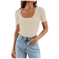 thumbnail image 2 of Lixiuxyad Women Short Sleeve Square Neck T Shirts Summer Slim Fitted Ribbed Knit Basic Casual Tee Tops Trendy Casual,Beige L, 2 of 7