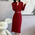 thumbnail image 4 of Vigonne 2025 Robe Tricotée à Col en V pour Femme Printemps Automne Manches Longues Robe de Soirée Serrée Longue, 4 of 5