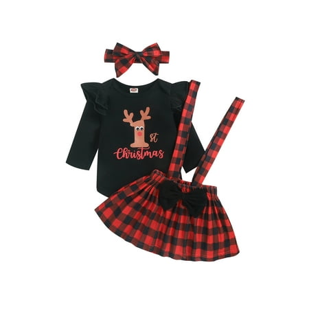 

Fanvereka Newborn Baby Girl Ruffle Long Sleeve T Shirts+ Suspender Overall Dress+Headband Outfit