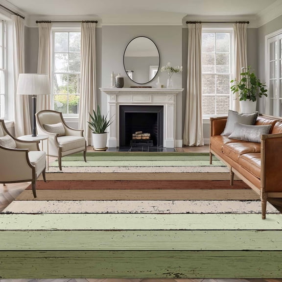Brown Green Striped Washable Living Room Rugs 5'x7', Modern Vintage Wood Texture Rectangle Low Pile Throw Large Area Rugs Non-Slip Sturdy Edge Binding Carpet for Dining Room Bedside Kitchen